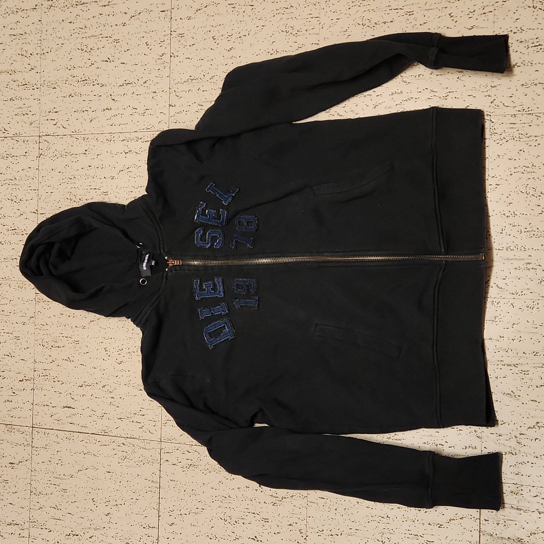 Diesel 1978 Distressed Spell Out Full Zip Hoodie Vintage Y2k Black And Blue